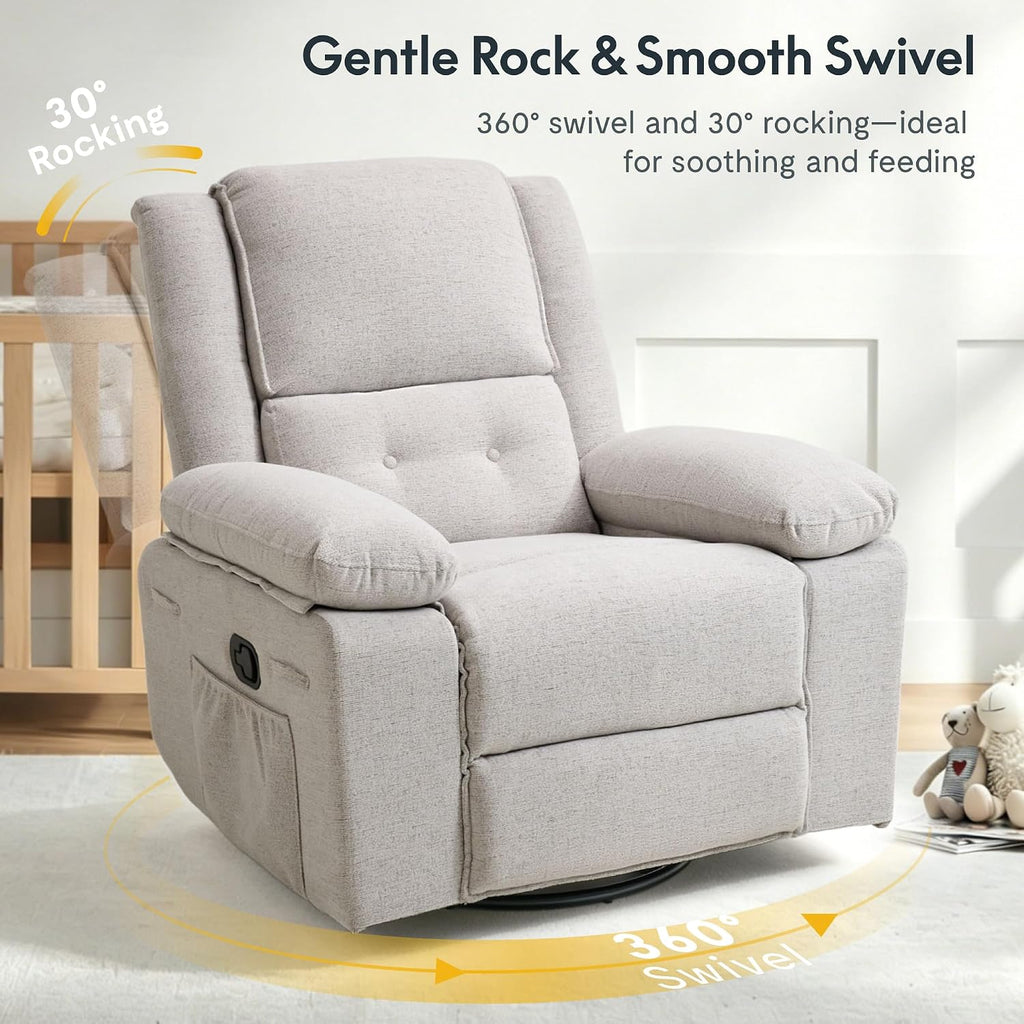 FLEXISPOT Swivel Rocker Recliner Chair for Adults, Massage Recliner Rocking Chair Nursery, 360° Swivel Nursery Glider for Living Room Bedroom, Light Grey(XRC2)