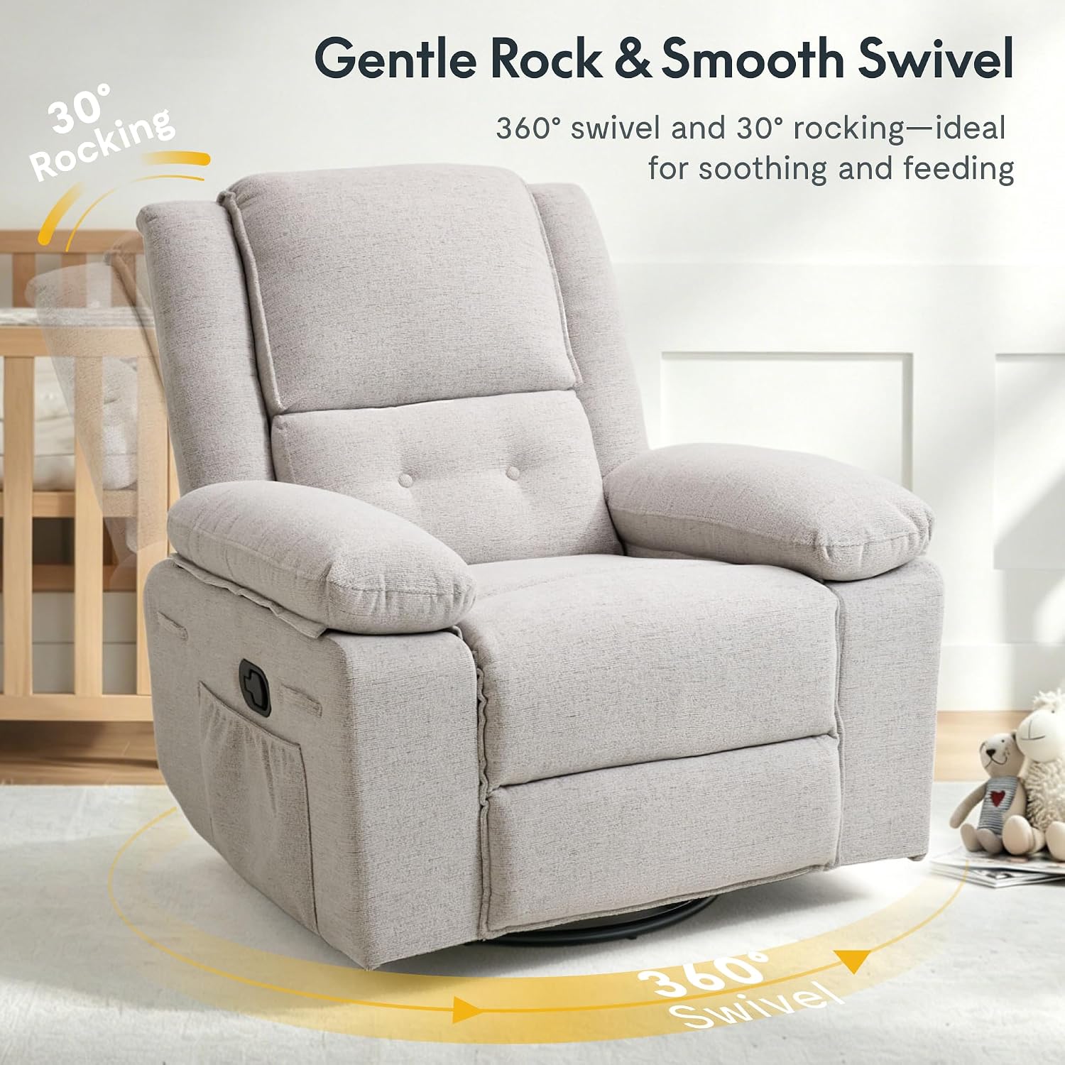 FLEXISPOT Swivel Rocker Recliner Chair for Adults, Massage Recliner Rocking Chair Nursery, 360° Swivel Nursery Glider for Living Room Bedroom, Light Grey(XRC2)