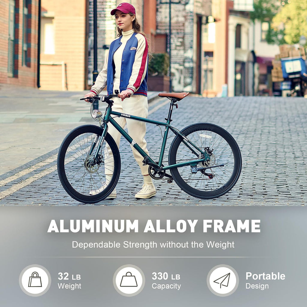 VIRIBUS Hybrid Bikes, 28 inch Mens Hybrid Bicycle 7 Speed with Lightweight Aluminum Frame & Disc Brakes, 700C Retro Vintage Adult Bike for Tall Men & City Commuters 85% Pre-Assembled