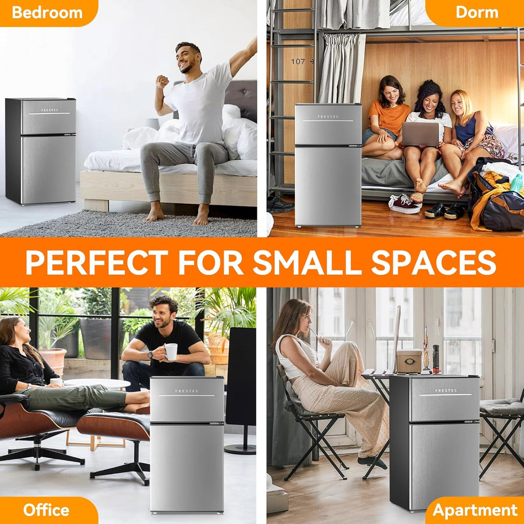 Mini Fridge with Freezer 3.2 Cu.Ft. 2 Door Refrigerator and Freezer Small Fridge for Bedroom Home Office Dorm, Small Drink Chiller, 37 dB Low Noise, Stainless Steel