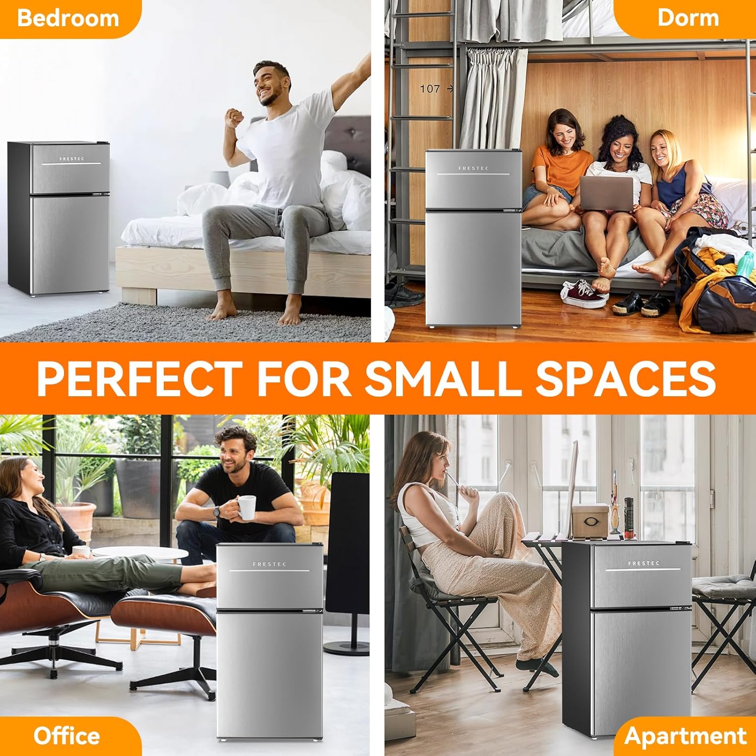Mini Fridge with Freezer 3.2 Cu.Ft. 2 Door Refrigerator and Freezer Small Fridge for Bedroom Home Office Dorm, Small Drink Chiller, 37 dB Low Noise, Stainless Steel