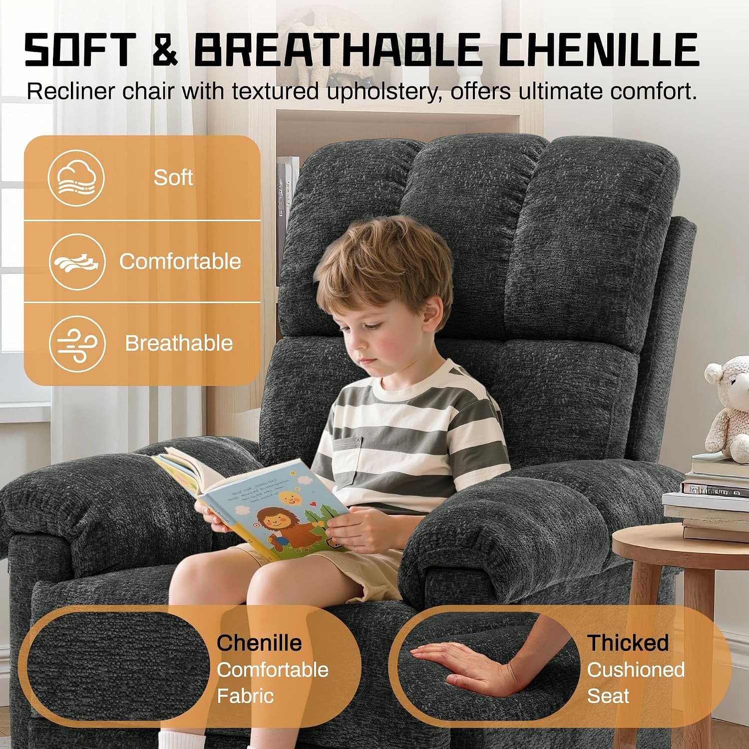 Korser Recliner Chair, Swivel Rocker Recliner Chair for Adults, Small Recliners for Small Spaces, Upholstered Manual Recliner with Side Pockets, Nursery Rocking Chair for Living Room, Chenille, Black
