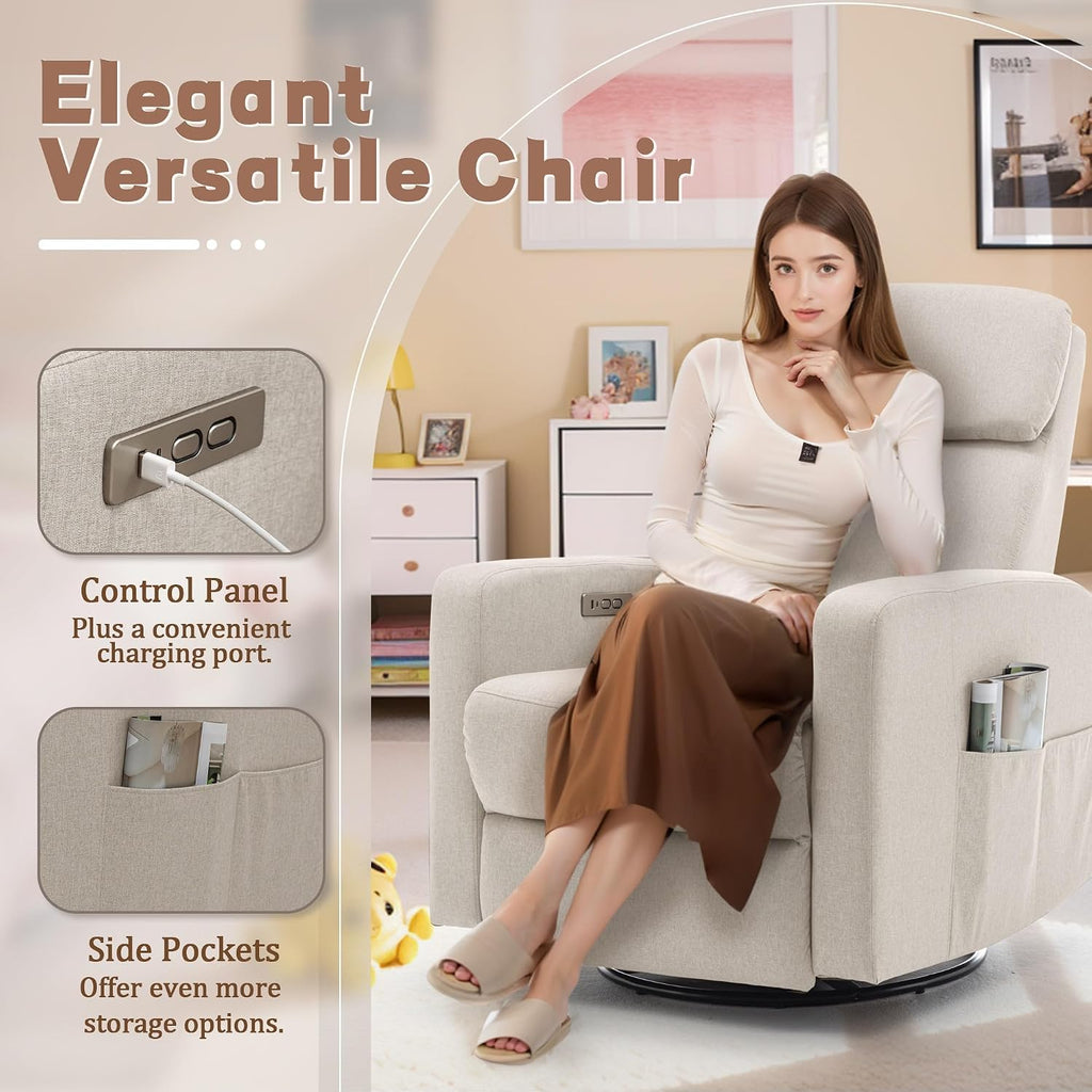 Korser Power Swivel Recliner Chairs for Adults, Electric Glider Rocking Chair Nursery, Glider Recliner Nursery Chair with Classified Side Pocket, Nursery Rocking Chairs with USB and Type-C Ports