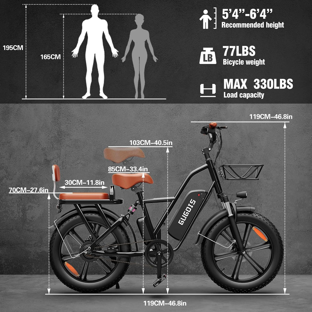 GugoIs 2 Seater Electric Bike for Adults, 750/1000W & 28/30 MPH E-Bike with 748.8/960 Wh Removable Battery, 16/20' Commuter Ebikes, 25-60 Miles, Full Suspension Adults Electric Bicycles