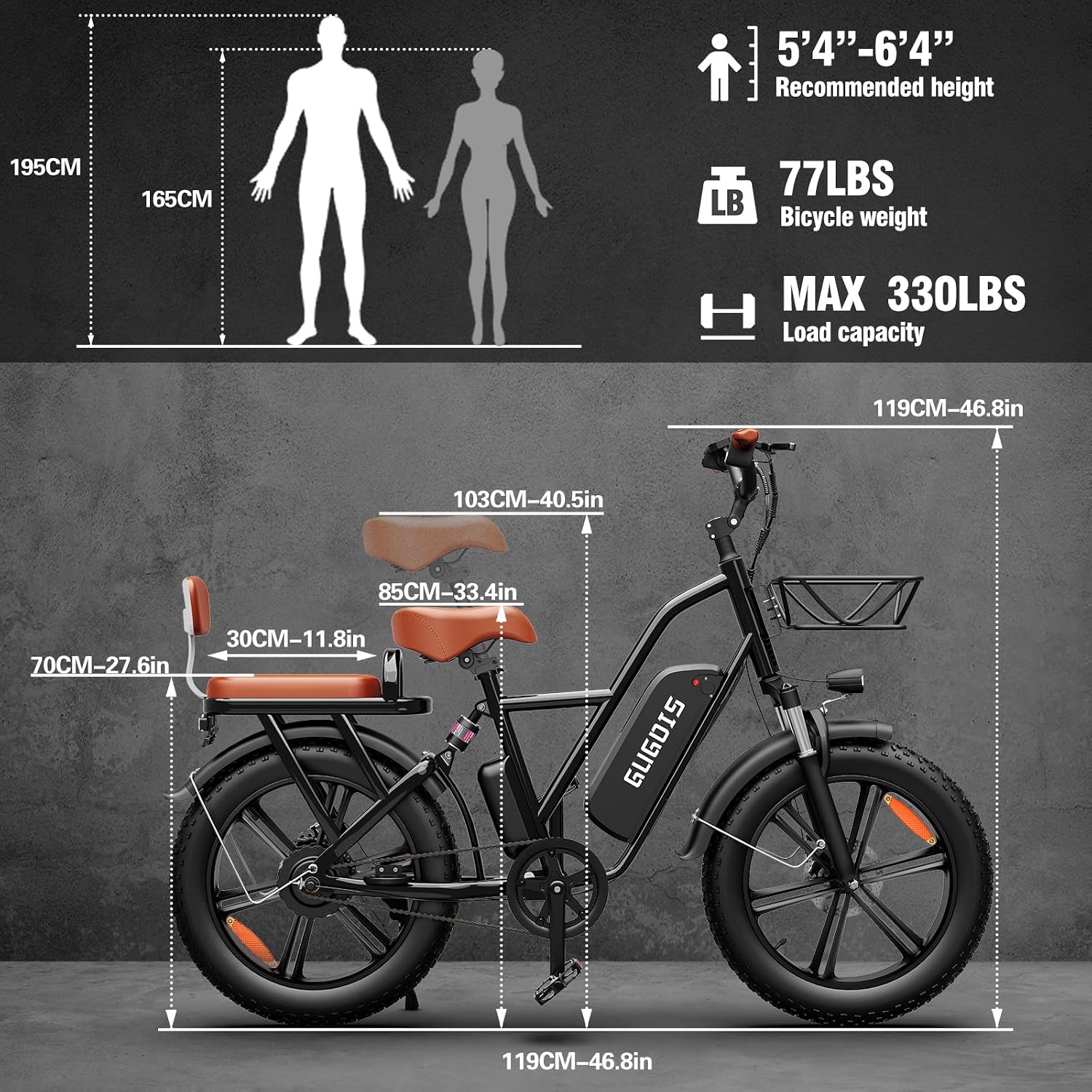 GugoIs 2 Seater Electric Bike for Adults, 750/1000W & 28/30 MPH E-Bike with 748.8/960 Wh Removable Battery, 16/20' Commuter Ebikes, 25-60 Miles, Full Suspension Adults Electric Bicycles