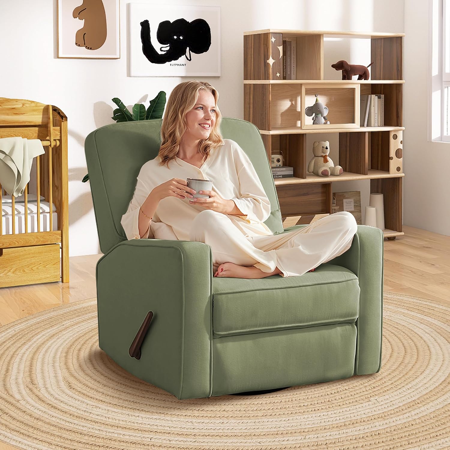 Tbfit Nursery Rocking Chair,360°Swivel Recliner Chair with Lumbar Support for Bedroom, Comfy Upholstered Armchair with Pillows & Footrest for Living Room & Baby Room