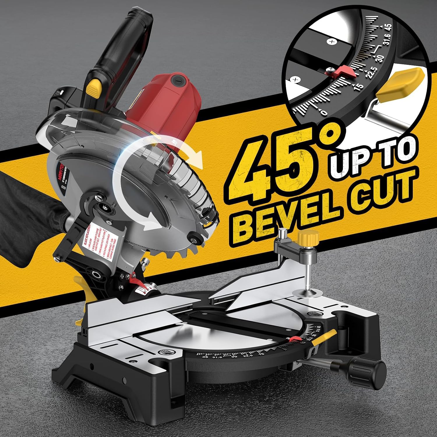 10-inch Compound Miter Saw, 5000RPM, 15 Amp, Single Bevel 0-45° with Extension Table, 36T Blade, Power Saw for Metal, Plastic, Wood, Laminates