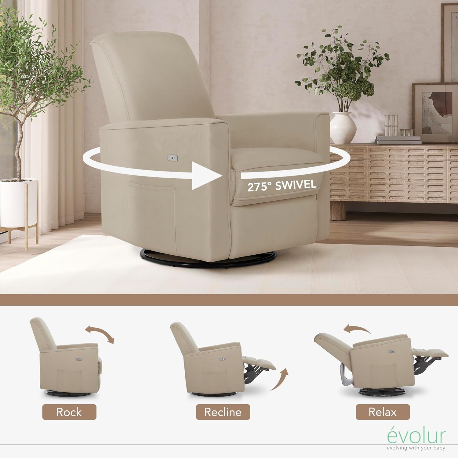 évolur Harlow Upholstered Power Glider Recliner with USB Charging – Rocking & 275° Swivel with Smooth Glide – Greenguard Gold & FSC Certified – Modern Nursery and Living Room Chair in Fawn