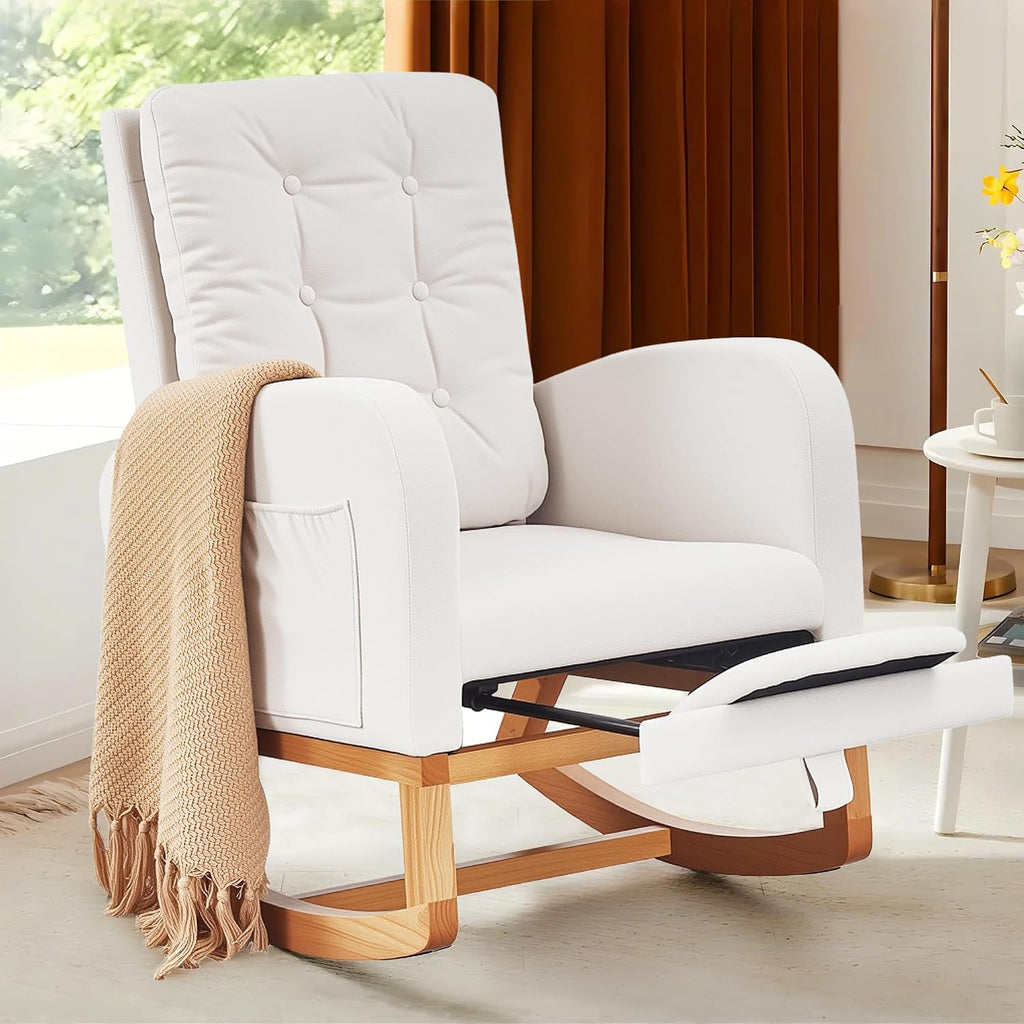 VECELO Rocking Chair Nursery, Modern Sherpa Glider Rocker Accent Arm Chair with High Back and Side Pocket, Cozy Rocking Armchair for LivingRoom, Bedroom, White