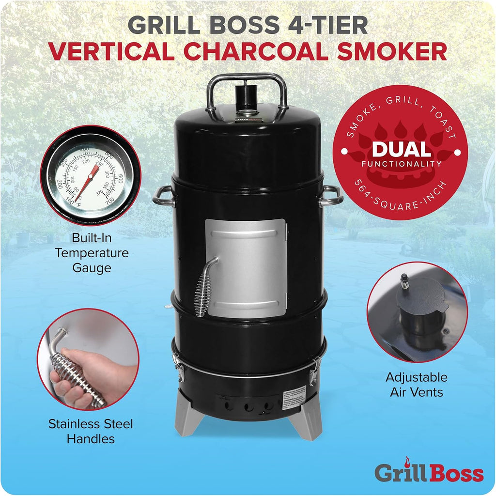Grill Boss 4 Tier Vertical Freestanding Charcoal Smoker Portable BBQ Grill with Temperature Gauge for Outdoors, 564 Square Inch Cooking Area, Black
