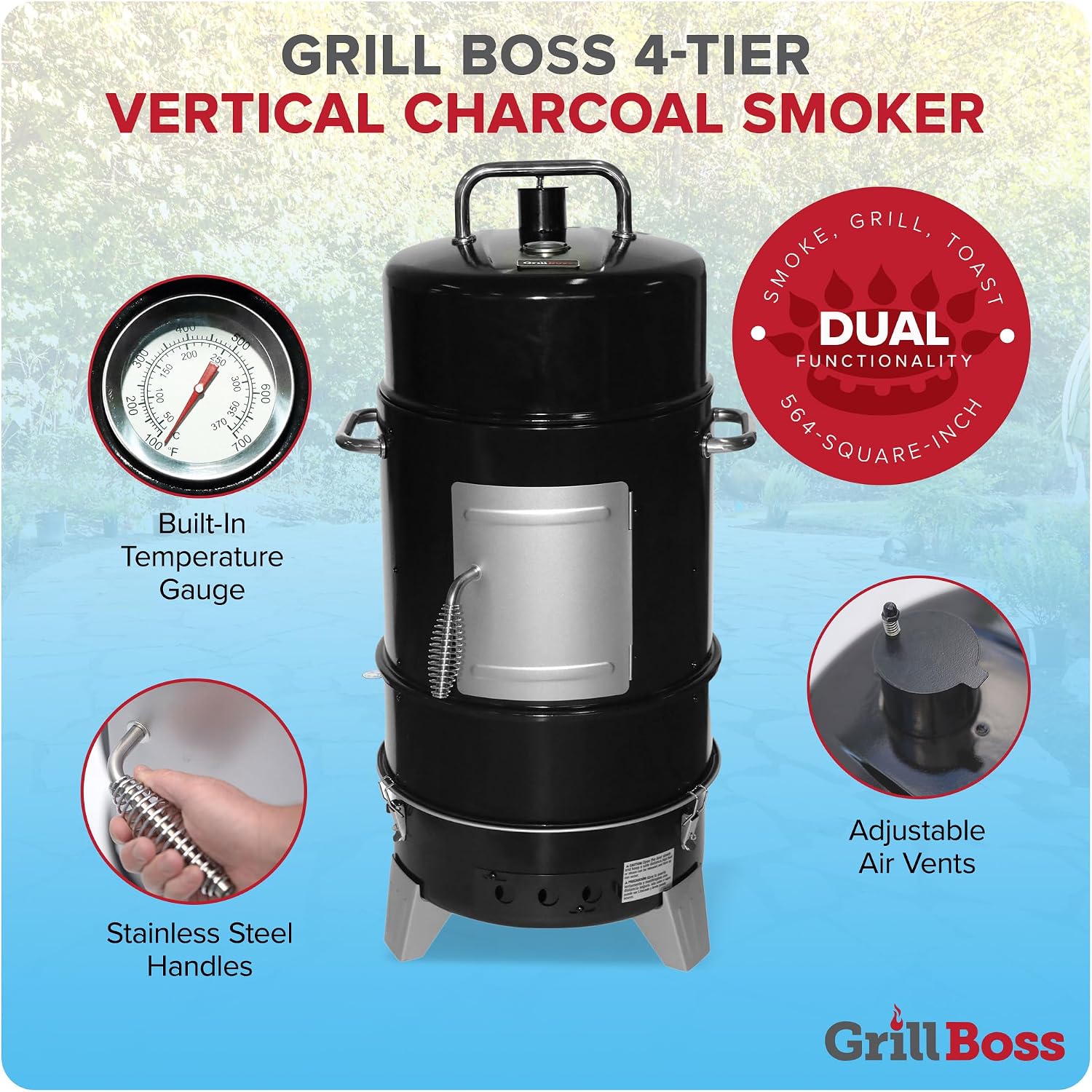 Grill Boss 4 Tier Vertical Freestanding Charcoal Smoker Portable BBQ Grill with Temperature Gauge for Outdoors, 564 Square Inch Cooking Area, Black