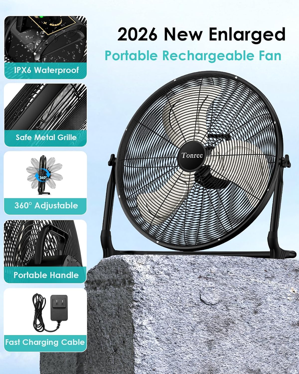 20' Large Battery Fan, Portable Battery Operated Floor Fan, Rechargeable Battery Powered Wireless Camping Fan, Waterproof, Hi-airflow, Cordless, for Home Outdoor Garage Gym Patio Travel RV