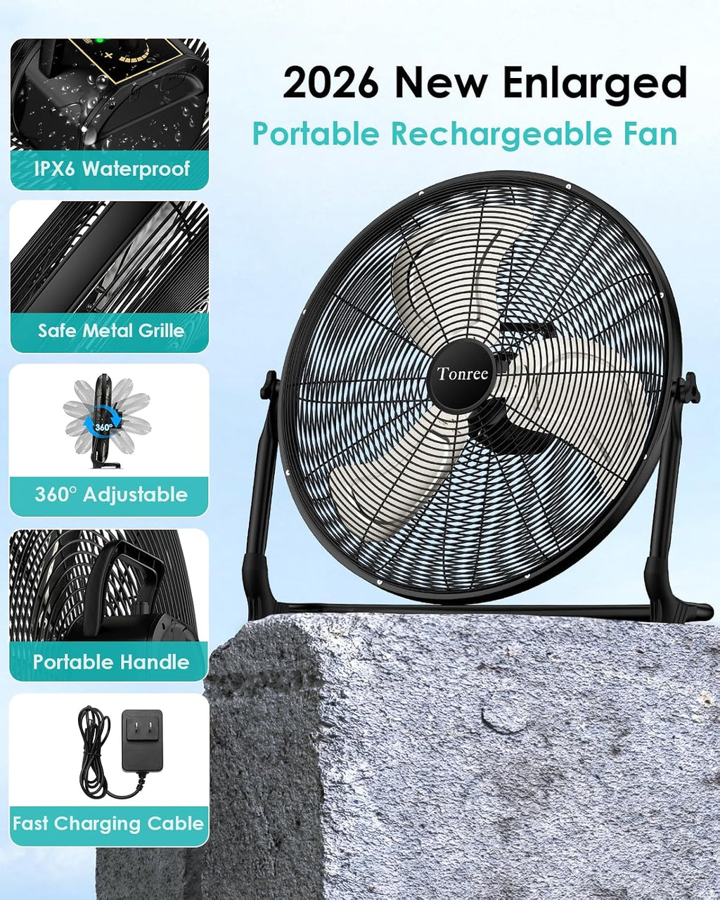 20' Large Solar Fan, Portable Battery Operated Floor Fan, 50W Rechargeable Solar Powered Wireless Camping Fan Outdoor, Waterproof, Hi-airflow, Cordless, for Outside Home Garage Gym Patio Travel