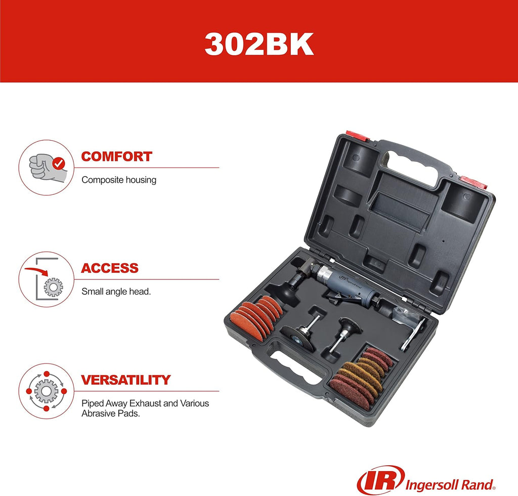 Ingersoll Rand 302BK Angle Air Die Grinder 2' & 3' Pad Kit, 20,000 RPM, 0.33 HP, 1/4' Collet, Rear Exhaust
