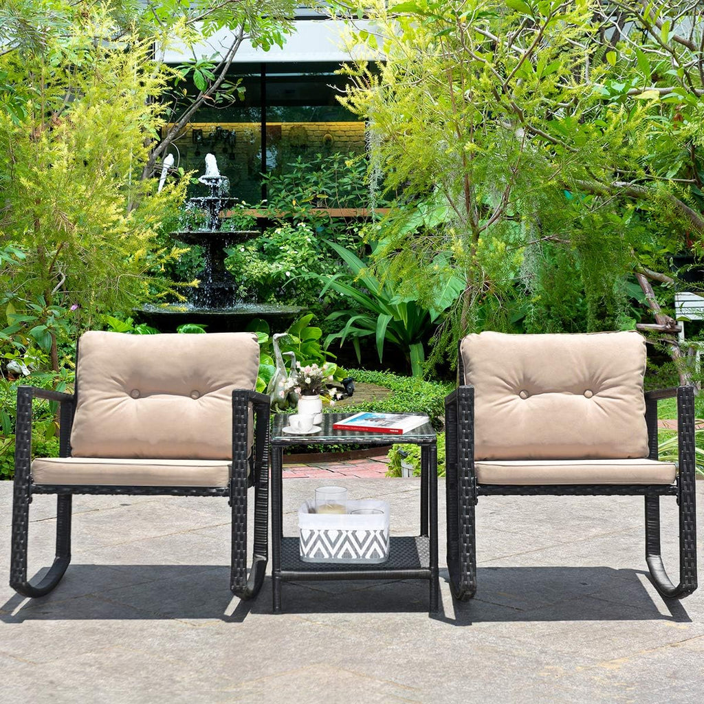 Tangkula 3 Pieces Patio Wicker Rocking Set, Outdoor Rocking Chairs and Table Set with Cushions, Glass Coffee Table with Storage Shelf, Suitable for Patio, Garden, Poolside, Balcony (Beige)
