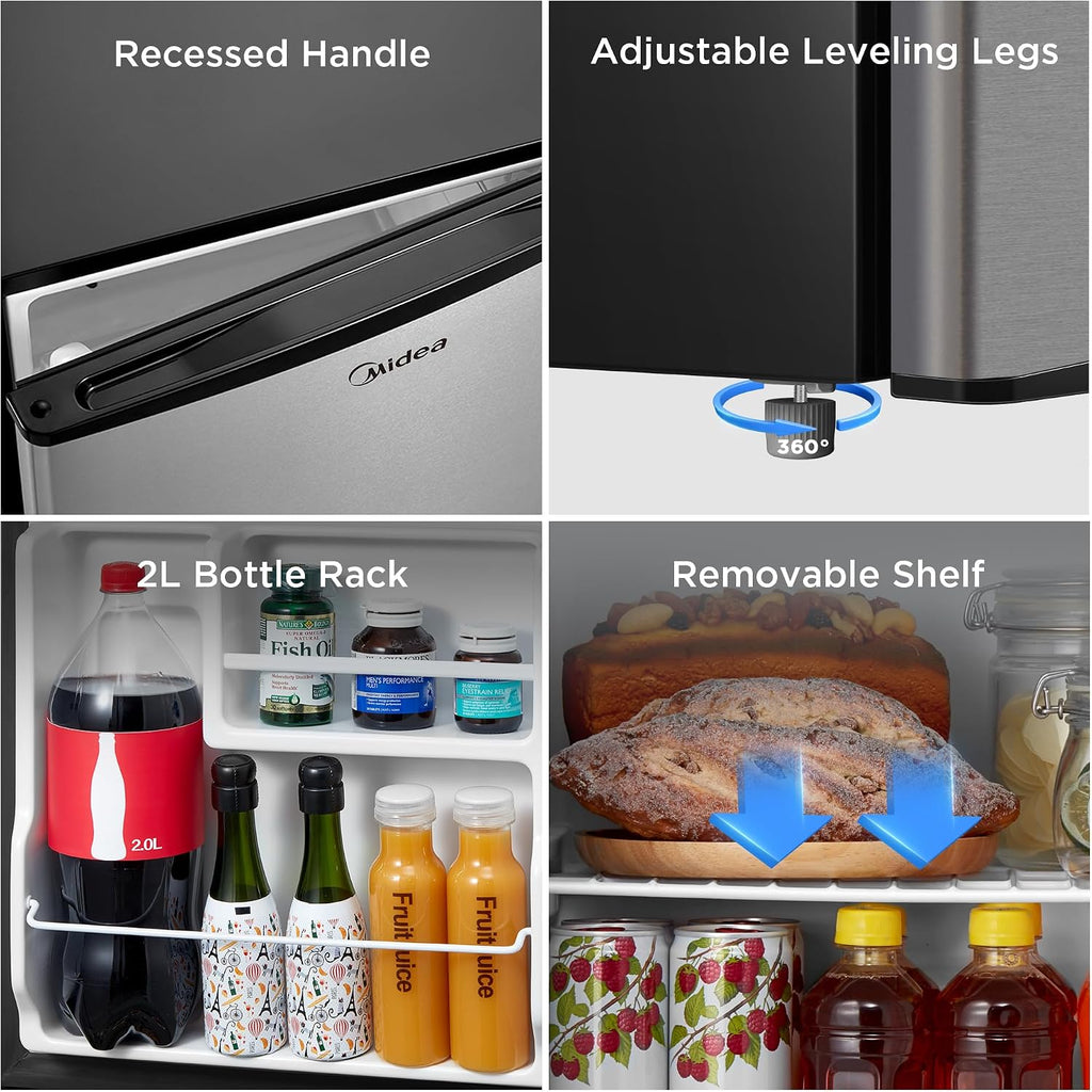 Midea MERM17B0ASL 1.7 Cu Ft Mini Fridge, Compact Refrigerator with Adjustable Thermostat, Reversible Door, Low Noise, Energy Efficient, Ideal for Dorm, Office, Bedroom, Steel Gray