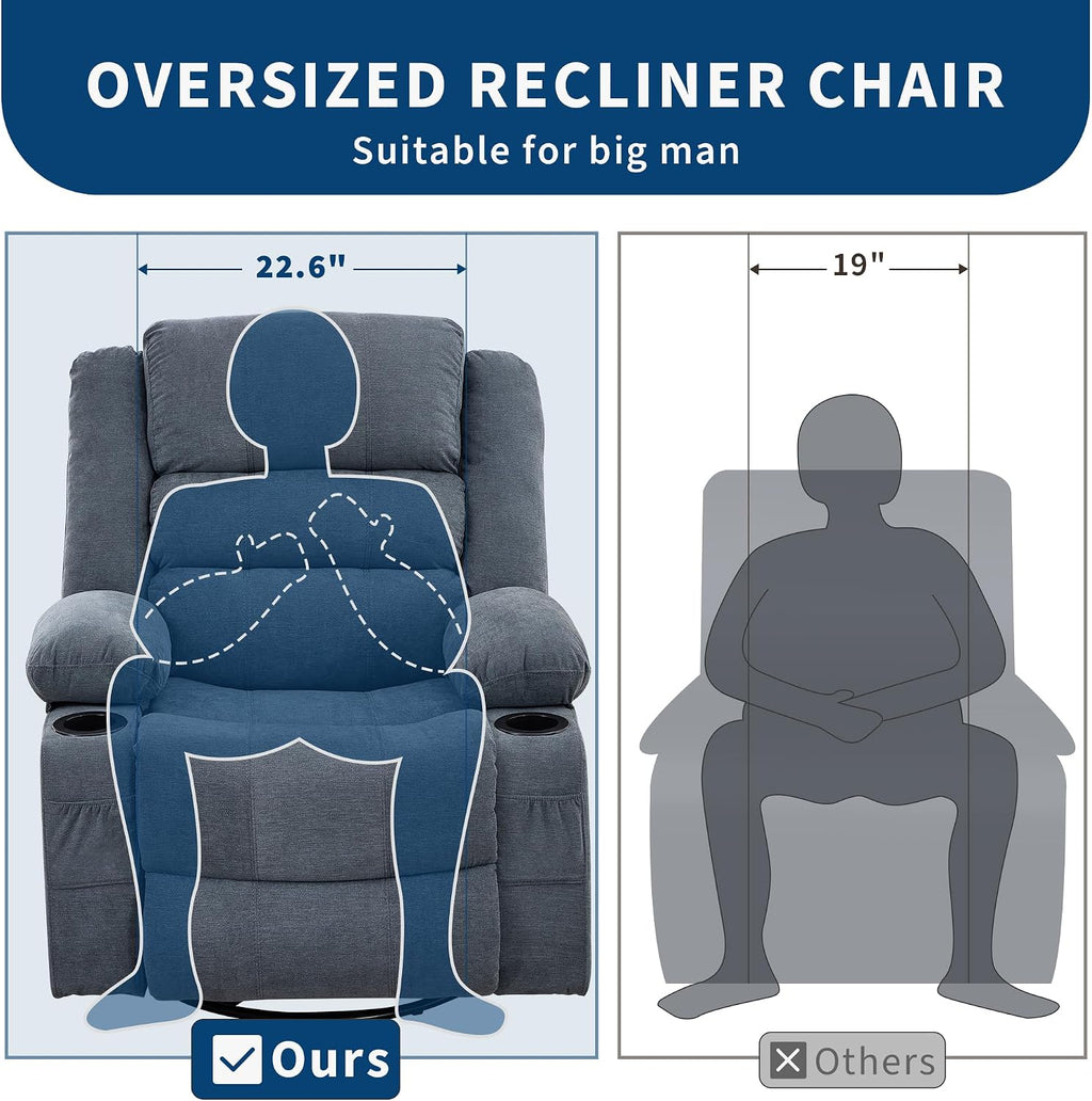 Rocking Recliner Chair for Adults Wide 360° Swivel Rocker Recliner with Cup Holder Nursery Glider with Upholstered Deep Seat Linen Lazy boy Chair for Living Room Blue