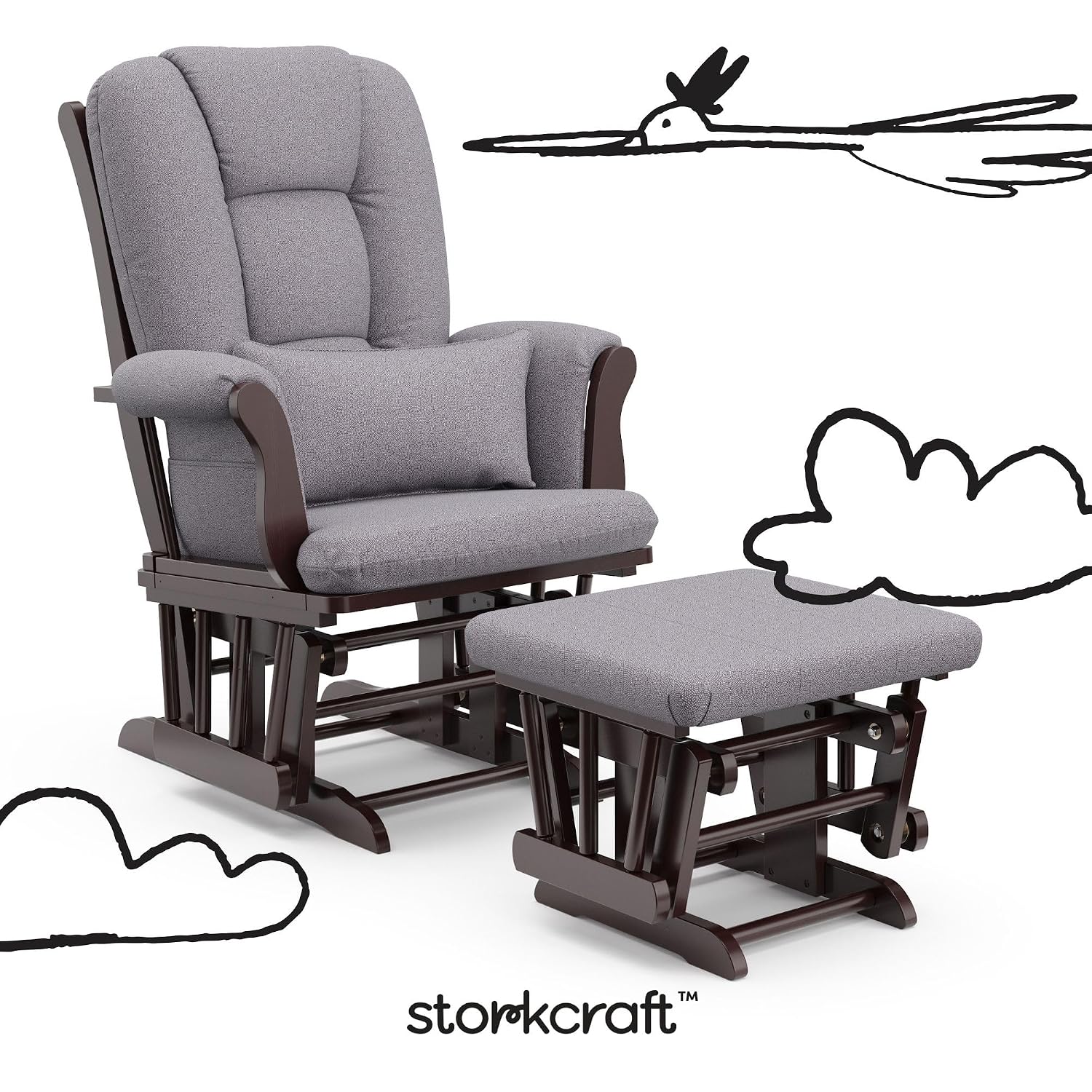 Storkcraft Tuscany Custom Glider and Ottoman with Free Lumbar Pillow (Espresso/Slate Gray Swirl) - Cleanable Upholstered Comfort Rocking Nursery Chair with Ottoman