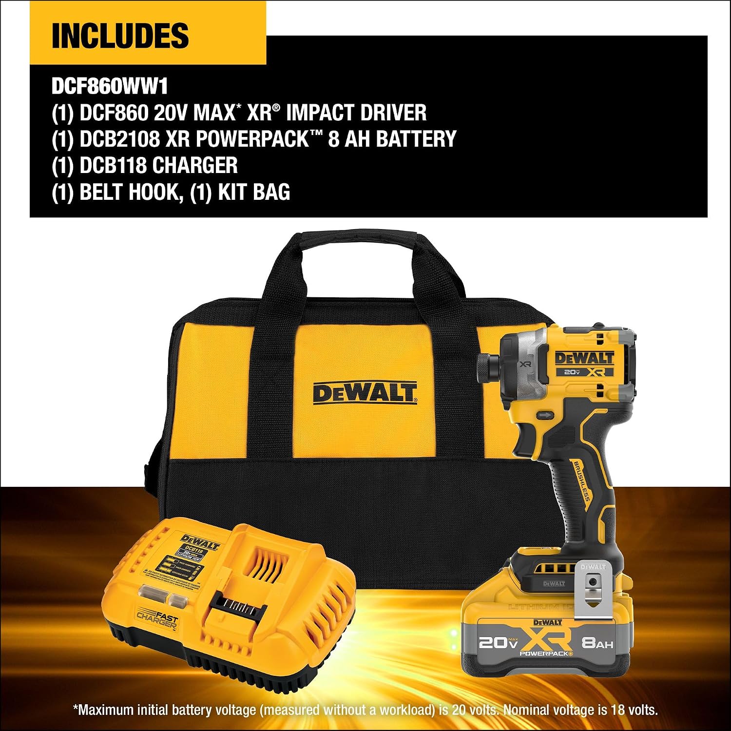 DEWALT 20V MAX XR 1/4 Inch Cordless Impact Driver Kit with 8AH Battery and Charger (DCF860WW1)