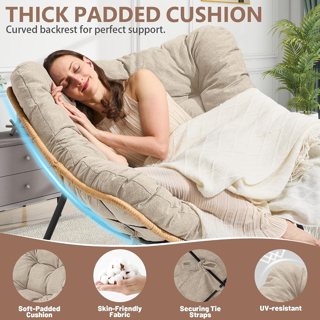 Youtanic Outdoor Rocking Chair, Oversized Papasan Reading Chair Indoor with Thick Cushion, Comfy Rattan Rocker Egg Chair for Patio, Garden, Balcony, Lawn, Backyard, Bedroom, up to 450lbs, Beige