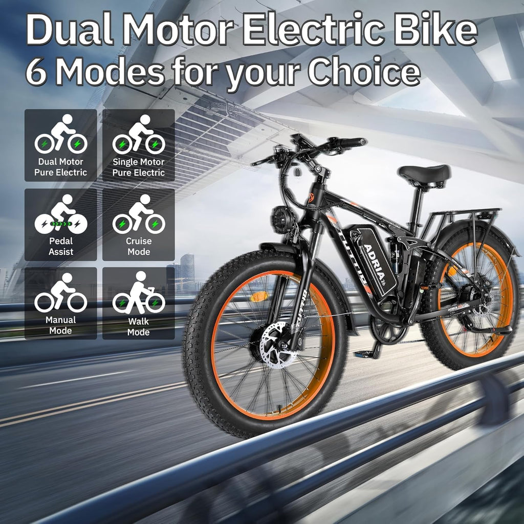 TUTTIO Adria26 5000W/6000W Dual Motor Ebike, 40-46MPH Electric Bike for Adults, 26' x 4' Fat Tire Electric Mountain Bike, 52V 25AH E-Bike Full Suspension Electric Dirt Bike for Off-Road Hunting