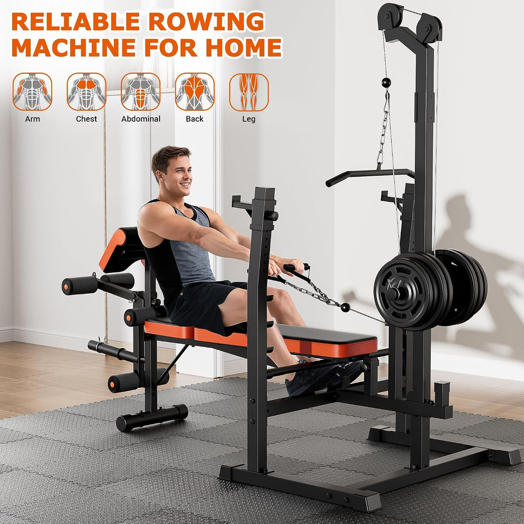 9-in-1 Adjustable Olympic Weight Bench with Lat Pulldown, Row, Squat Rack & Leg Curl – Multi-Function Strength Training Bench Press for Home Gym Full Body Workout