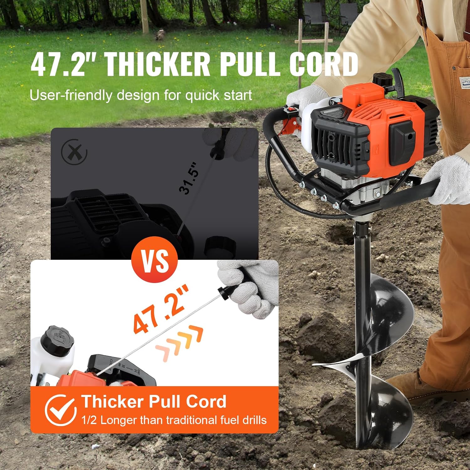 VEVOR Post Hole Digger,52cc 1450W Auger Digger,Gas Powered Earth Digger with Two Drill Bit 6''& 10''and 3 Extension Rods,for Farmland,Garden and Plant,EPA Certification,Black+Orange+White