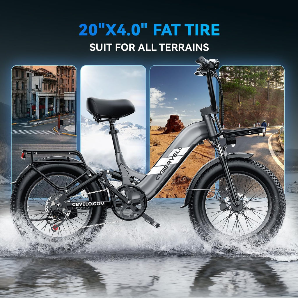 Cybervelo 1500W Motor Peak Electric Bike for Adults and Teenagers, 48V 20AH Removable Battery Step Thru EBike, 30+MPH, 80 Miles Max Range, 20' Fat Tire Adult Electric Bicycles for 7 Speed