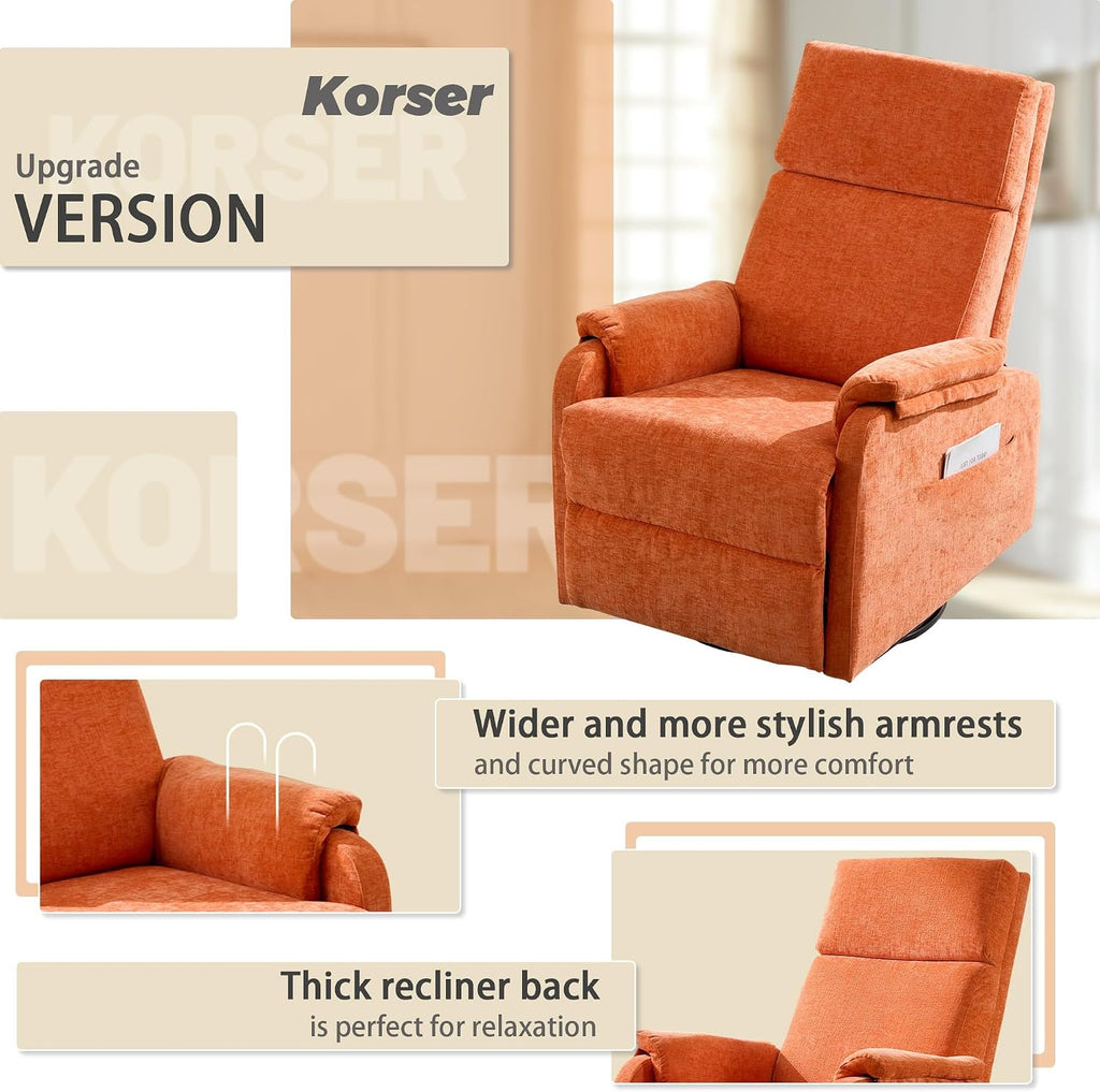 Korser Recliner Chair, Swivel Rocking Recliner Chair for Adults, Glider Rocking Chair, Small Nursery Chair Recliner for Living Room, Reclining Chair with Modern-Designed Armrests, Chenille, Orange