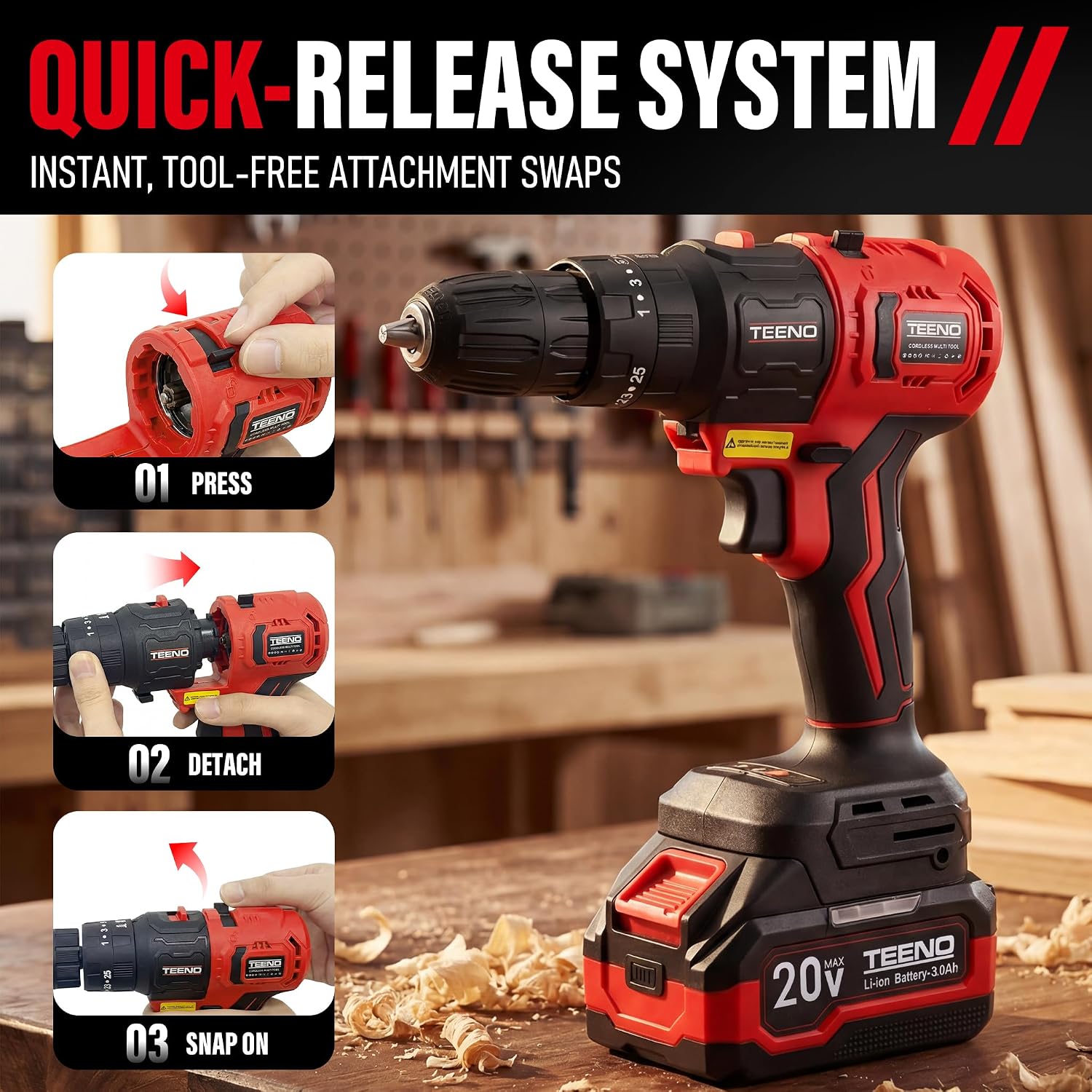 TEENO Brushless Power Tool Combo Kit, 6-in-1 Cordless Interchangeable Multi-Tool Set (Drill, Impact Wrench, Oscillating Tool, Reciprocating & Chain Saws, Sander), 3Ah Battery, USB Adapter & Hard Case