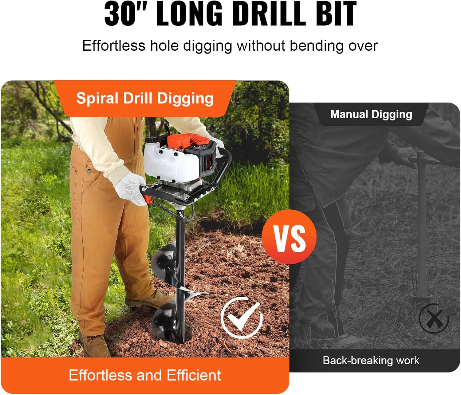 VEVOR Post Hole Digger,52cc 1450W Auger Digger,Gas Powered Earth Digger with Two Drill Bit 6''& 10''and 3 Extension Rods,for Farmland,Garden and Plant,EPA Certification,Black+Orange+White