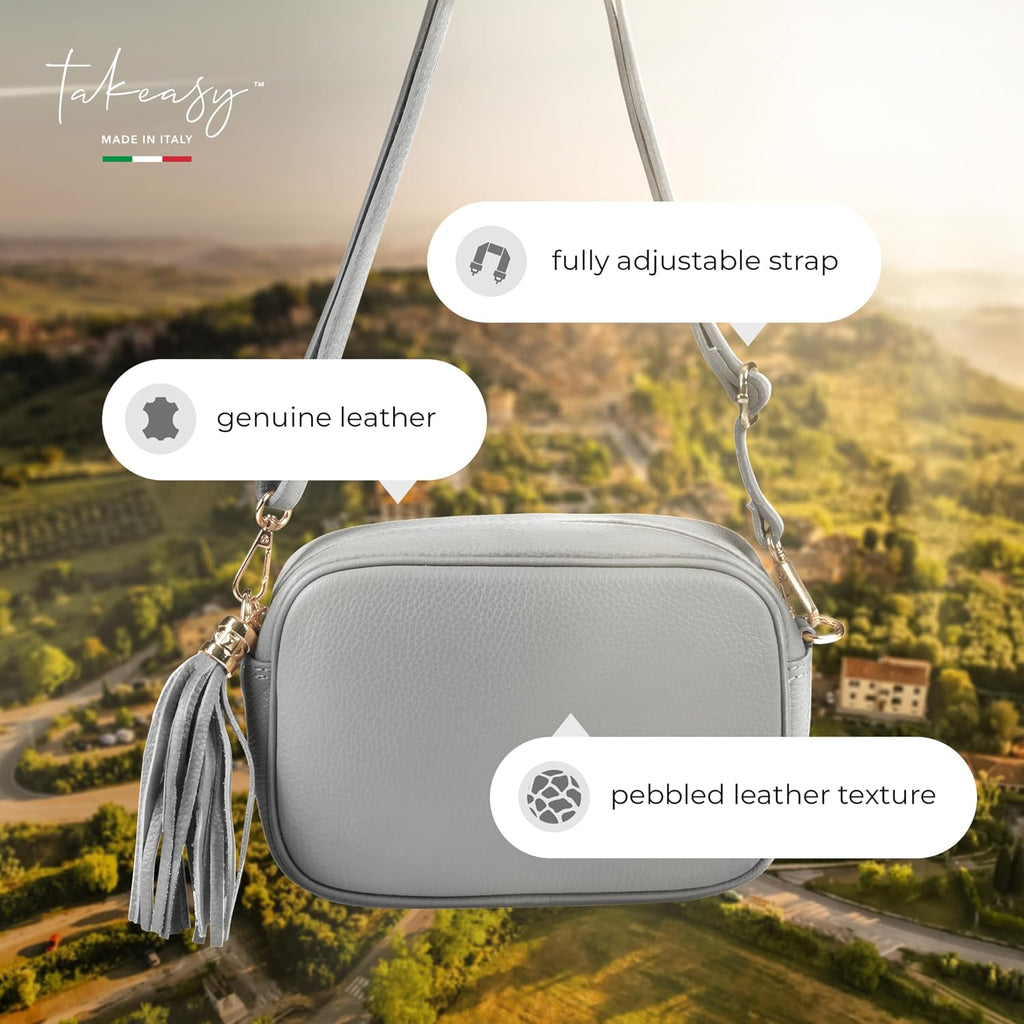 Italian Calf Leather Crossbody Bag for Women with Tassel Zipper | Small Camera Purse Shoulder Handbag Pocketbook
