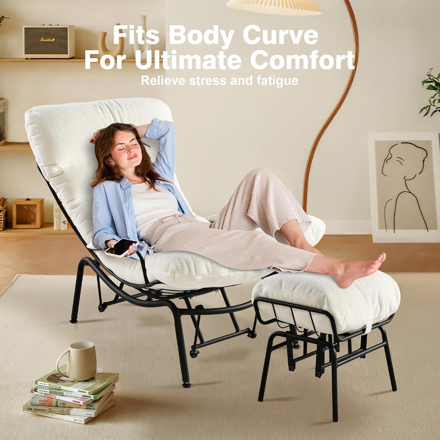 ovios Glider Rocking Chair with Ottoman, Mid-Century Modern Recliner Chair with Footrest, Comfy Gliding Rocker Lazy Accent Armchair for Living Room Bedroom, Cloud Plush Velvet, White