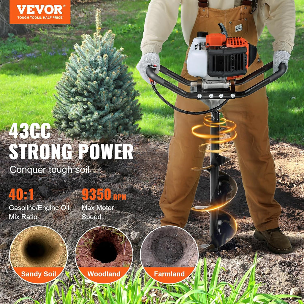 VEVOR Post Hole Digger, 43cc 1250W Auger Post Hole Digger, Gas Powered Earth Digger with 8' Earth Auger Drill Bit, 30 inch Long Alloy Steel Auger, for Farmland, Garden and Plant, EPA Certification