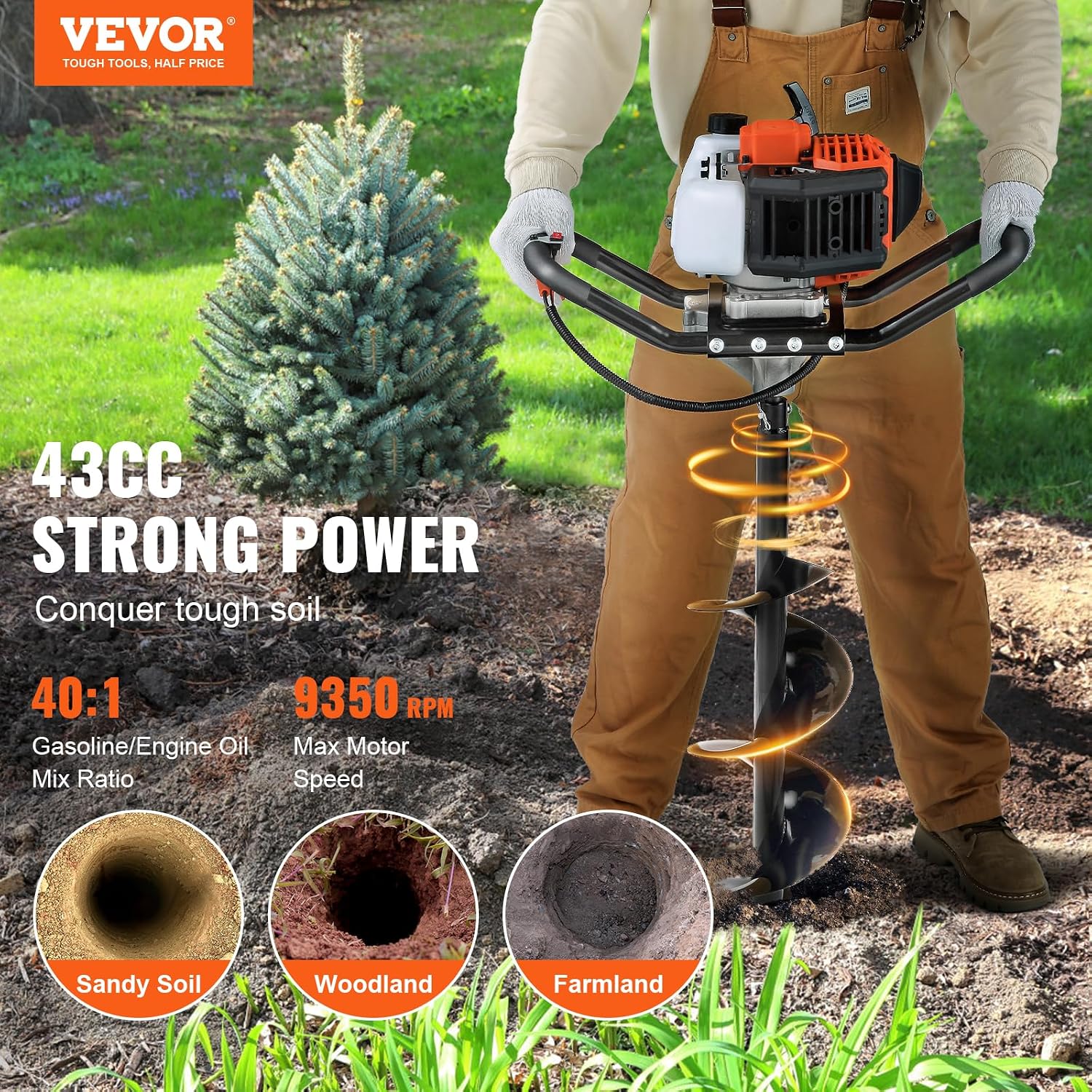 VEVOR Post Hole Digger, 43cc 1250W Auger Post Hole Digger, Gas Powered Earth Digger with 8' Earth Auger Drill Bit, 30 inch Long Alloy Steel Auger, for Farmland, Garden and Plant, EPA Certification