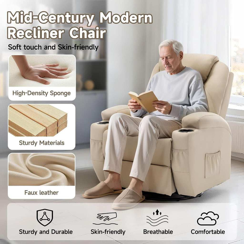 Korser Recliner Chair, Rocking Chair with Massage and Heat, 360° Swivel Recliner Chairs for Adults, Rocker Manual Recliner with Remote Control and Cup Holder for Living Room, Bedroom, Nursery
