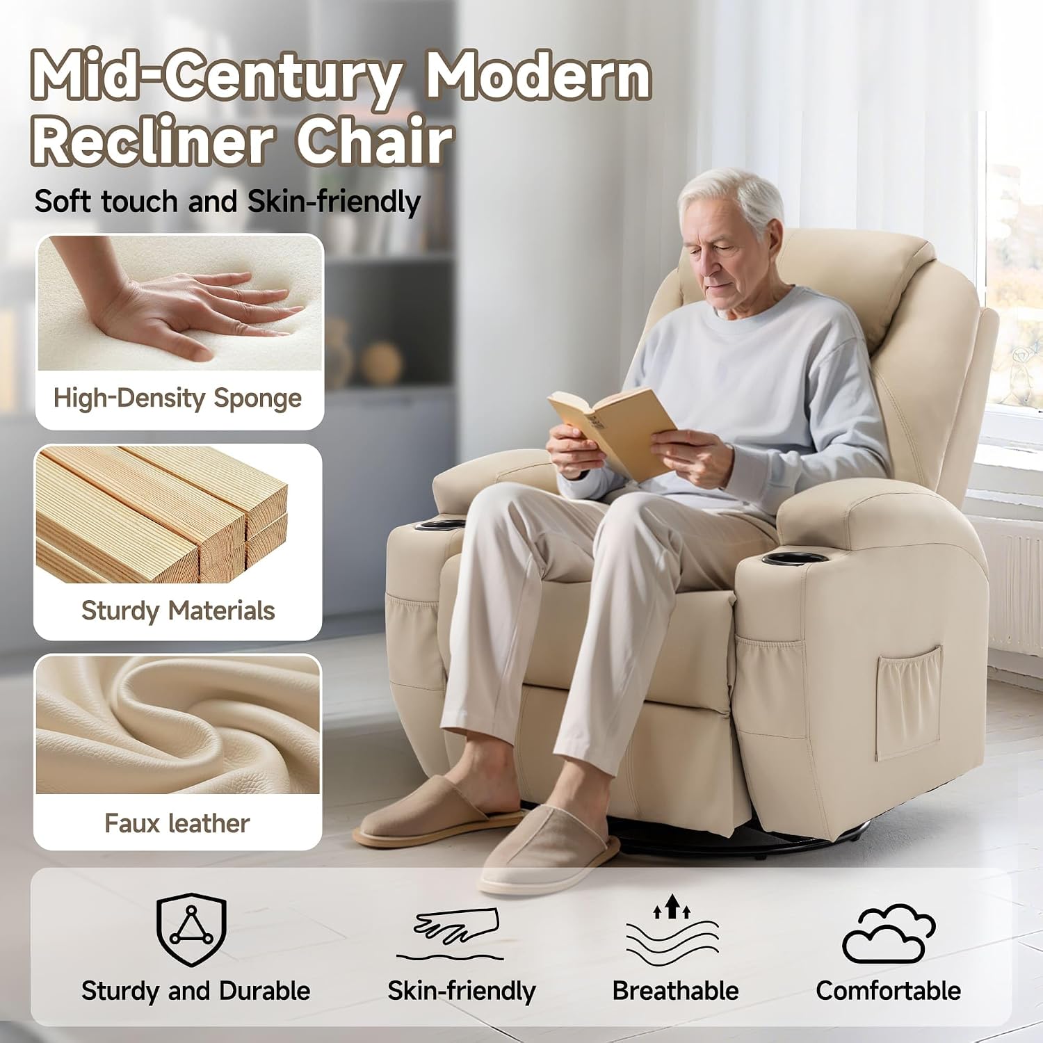Korser Recliner Chair, Rocking Chair with Massage and Heat, 360° Swivel Recliner Chairs for Adults, Rocker Manual Recliner with Remote Control and Cup Holder for Living Room, Bedroom, Nursery