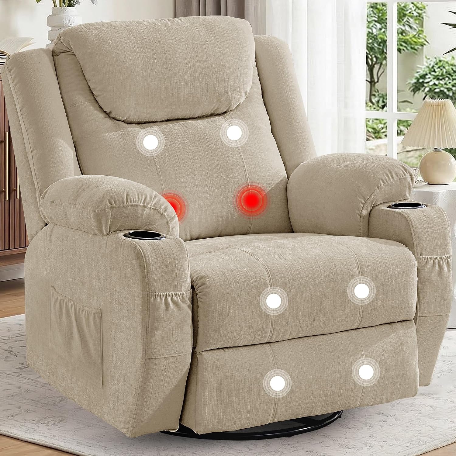 Korser Oversized Recliner Chair, 360° Swivel Recliner for Adults, Swivel Rocker Recliner Chair with Heat and Massage, Manual Recliner with Remote Control and Cup Holders for Living Room, Chenille