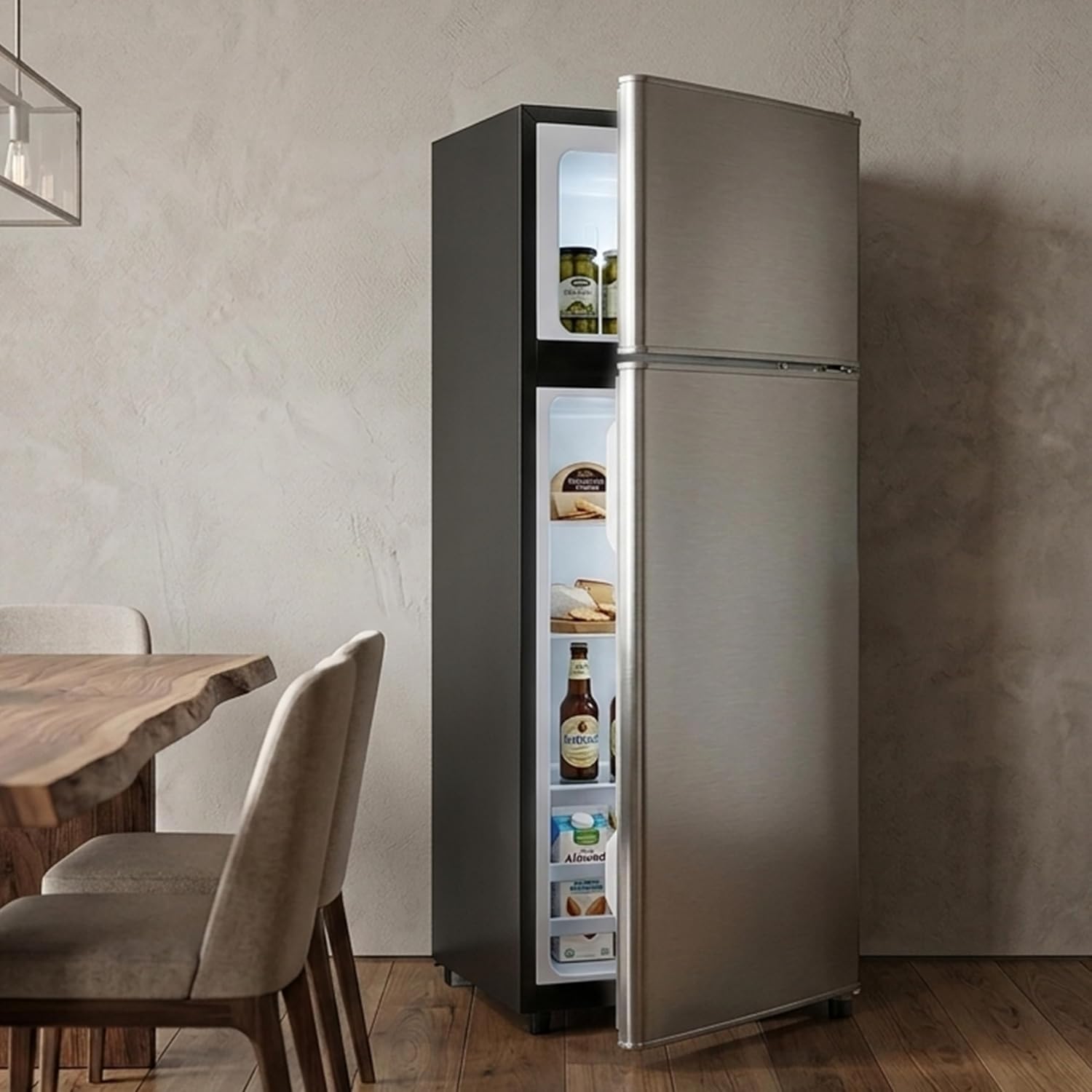 3.2 Cu.Ft Mini Fridge with Freezer, 2 Door Small Refrigerator with Adjustable Thermostat Energy-efficient Low Noise, Compact Fridge for Bedroom, Office, Dorm, Pewter