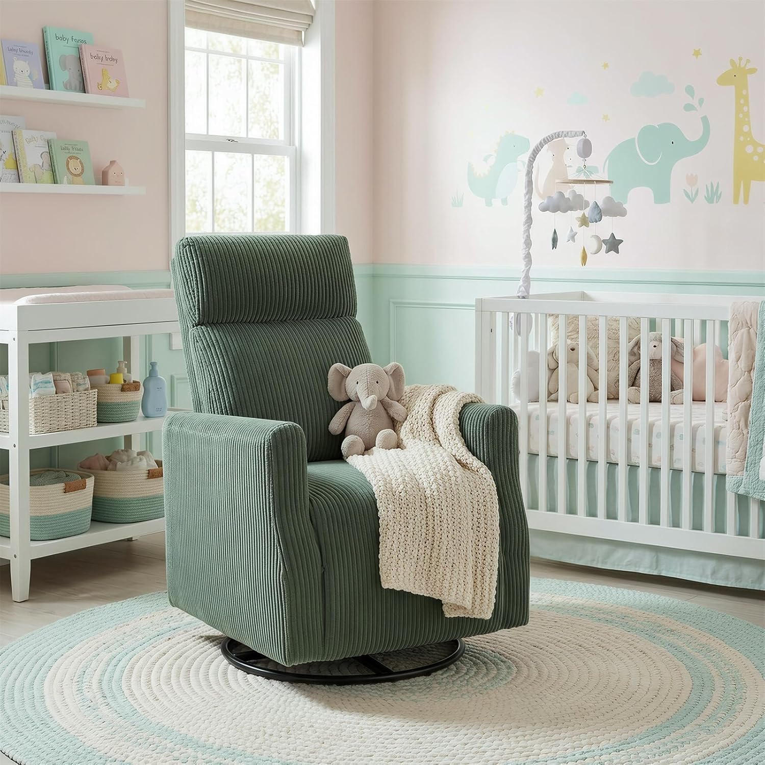 CANMOV Swivel Rocker Chair for Nursery, Swivel Accent Chair with High Back and Arms, Corduroy Glider Chair for Living Room Bedroom Nursery, Green