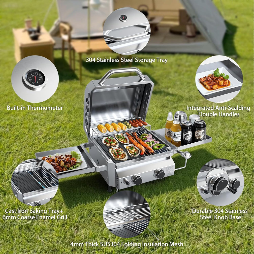Tabletop Gas Grill, Stainless Steel Portable Propane Grill with Dual Storage Side Platforms – Compact & Powerful 16,000 BTU Dual-Burner BBQ Grill for Garden and Patio Backyard,Camping