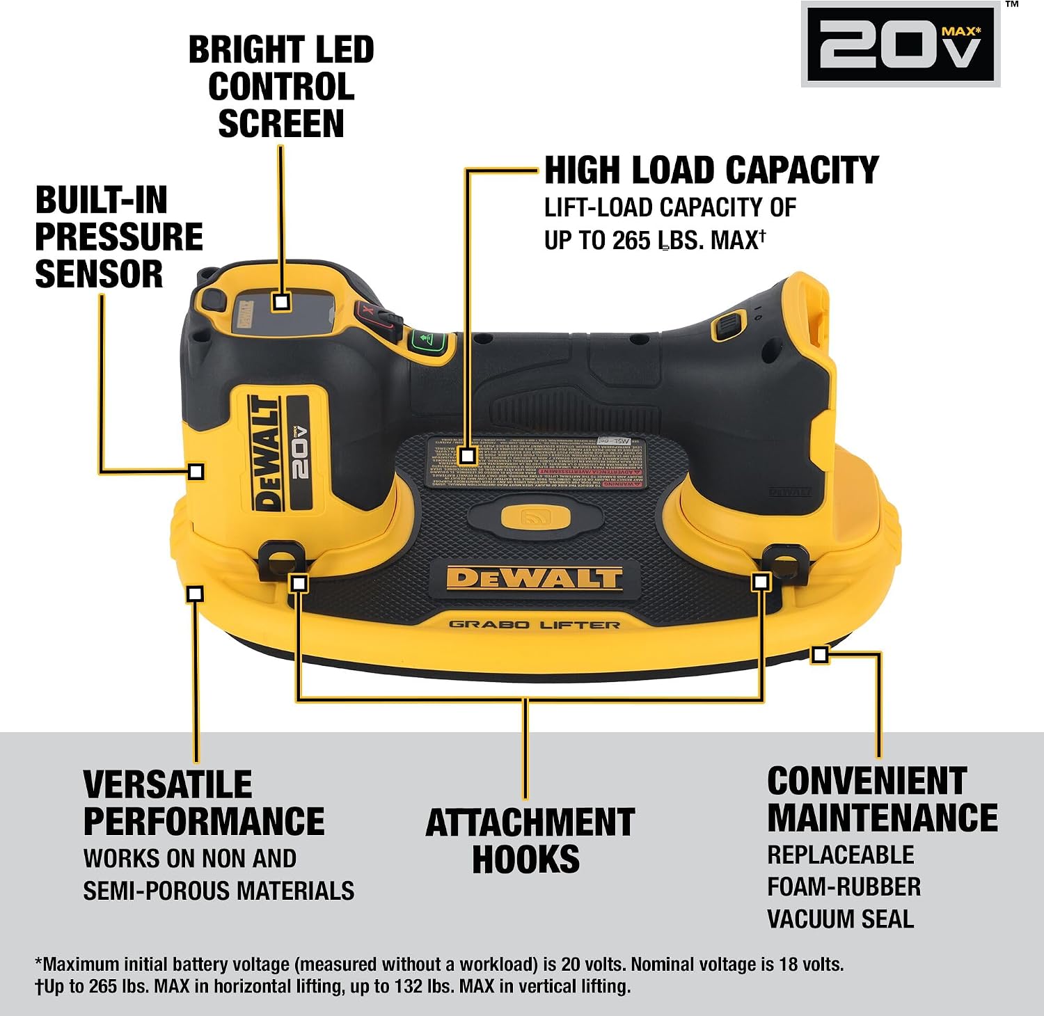 DEWALT 20V MAX Cordless GRABO Suction Lifter, Bare Tool Only, Lift-load Capacity of Up to 265 lbs. (DCE592B)