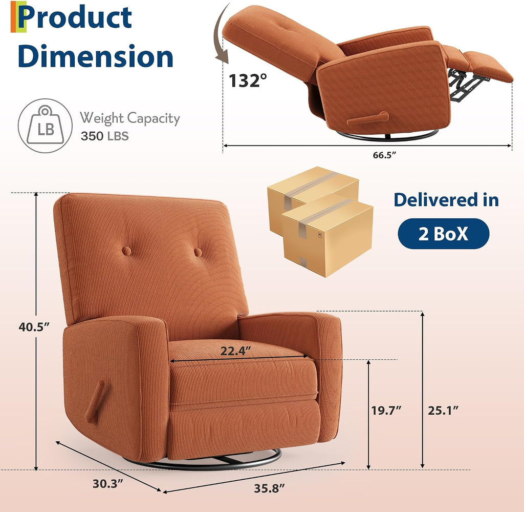 Garvee Nursery Recliner Chair, 360° Swivel Rocking Glider Chair for Adults with Adjustable Backrest & Footrest, Upholstered Armchair for Living Rooms, Bedrooms, Apartments, Orange