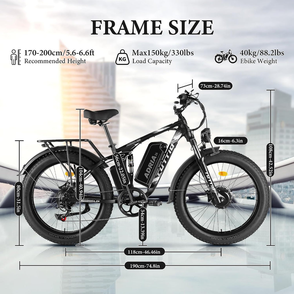 TUTTIO Adria26 5000W/6000W Dual Motor Ebike, 40-46MPH Electric Bike for Adults, 26' x 4' Fat Tire Electric Mountain Bike, 52V 25AH E-Bike Full Suspension Electric Dirt Bike for Off-Road Hunting