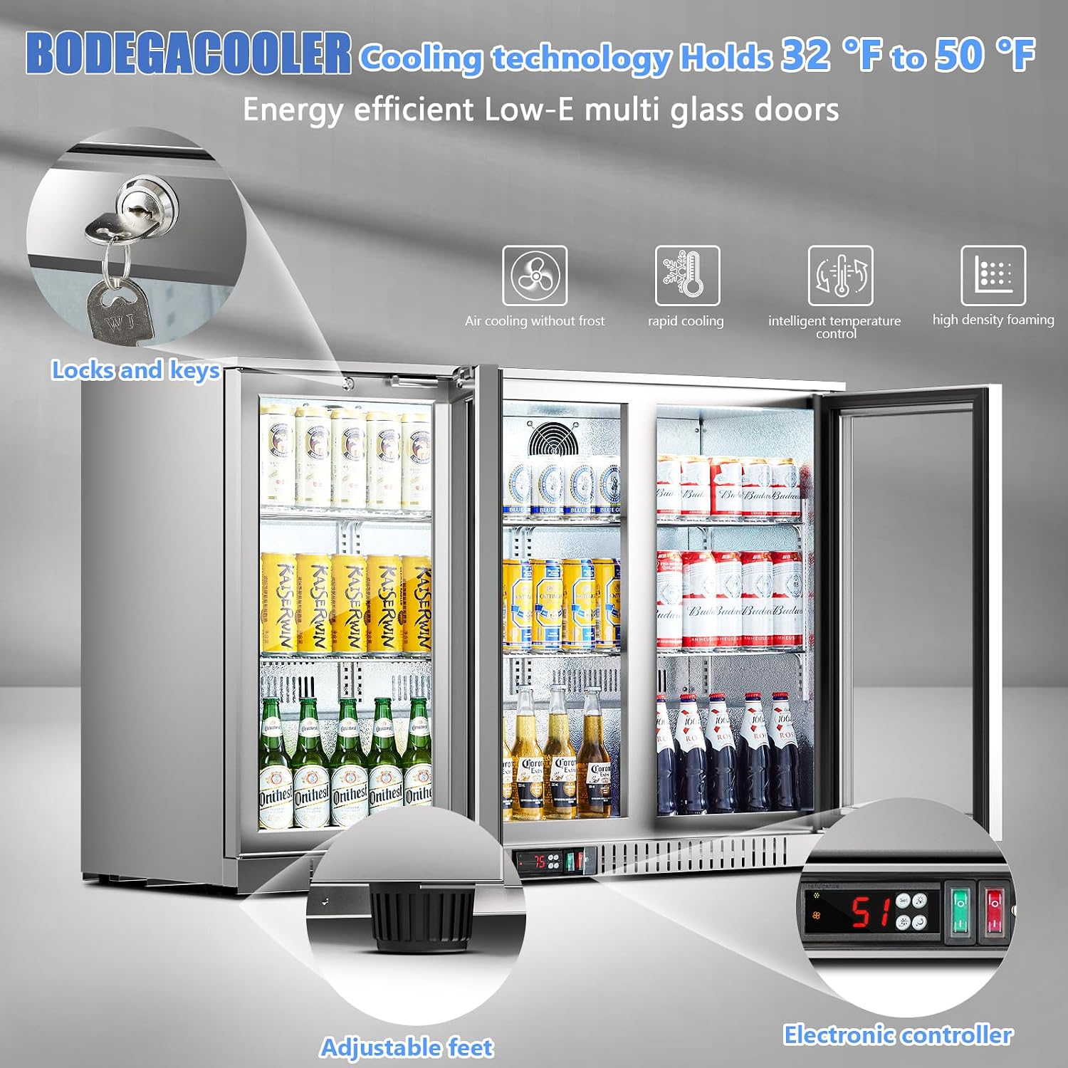 BODEGA BODEGACOOLER Back Bar Cooler, 11.4 Cu.Ft Stainless Steel Commercial Bar Fridge with 3 Glass Doors,Counter Height Bar Beverage Cooler with LED Lighting for Beer,Soda Drinks,Wine