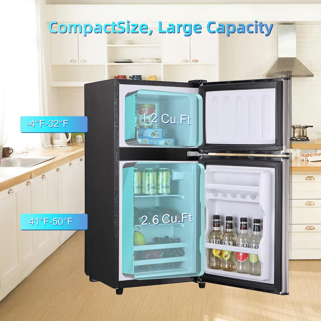 3.8 Cu. Ft Mini Fridge with Freezer, 2 Door Mini Refrigerator with 7 Adjustable Thermostat & Adjustable Glass Shelves, Compact Mini Fridge for Home, Apartment, Office, Silver