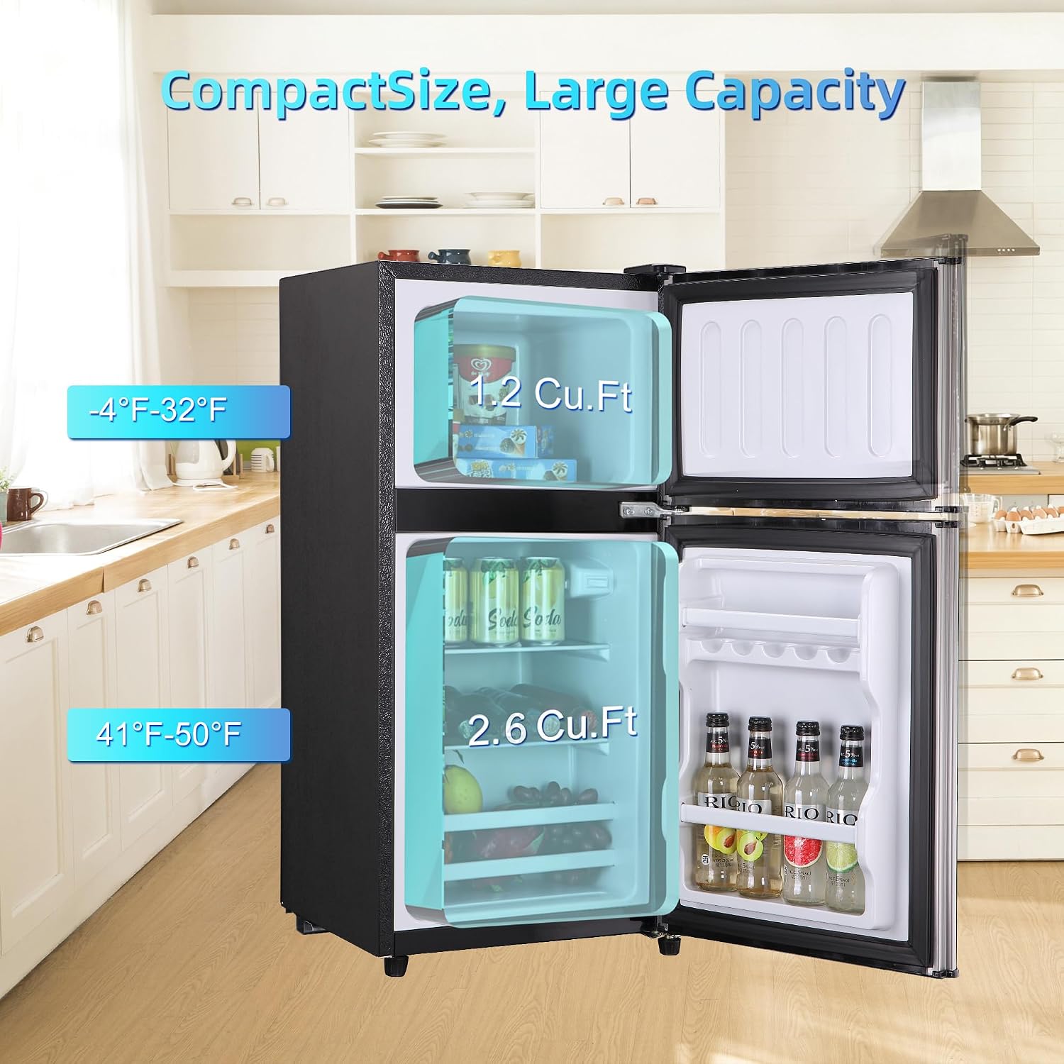 3.8 Cu. Ft Mini Fridge with Freezer, 2 Door Mini Refrigerator with 7 Adjustable Thermostat & Adjustable Glass Shelves, Compact Mini Fridge for Home, Apartment, Office, Silver