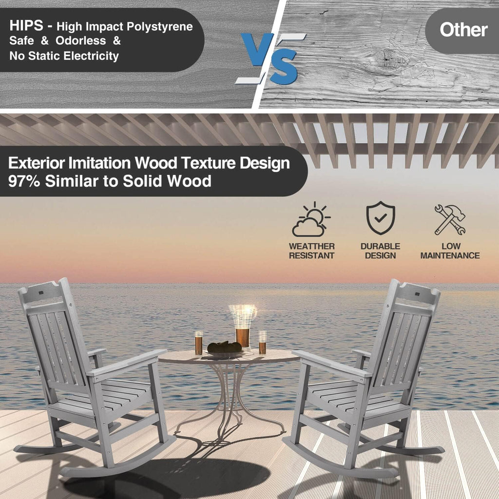 Rocking Chairs Set of 2, All Weather Resistant Poly Lumber Outdoor Porch Rocker, Rocking Chairs for Outdoor, Indoor, Patio, Deck, Garden, Backyard, Load Bearing 380 lbs - Grey
