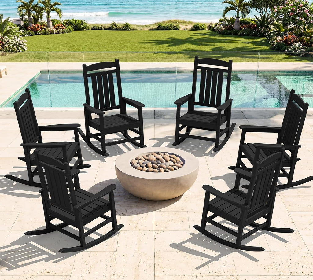 KINGYES Oversized Outdoor Rocking Chair Set of 6, High Density Polyethylene Patio Rocking Chairs with 350lbs Support for Adults, Black