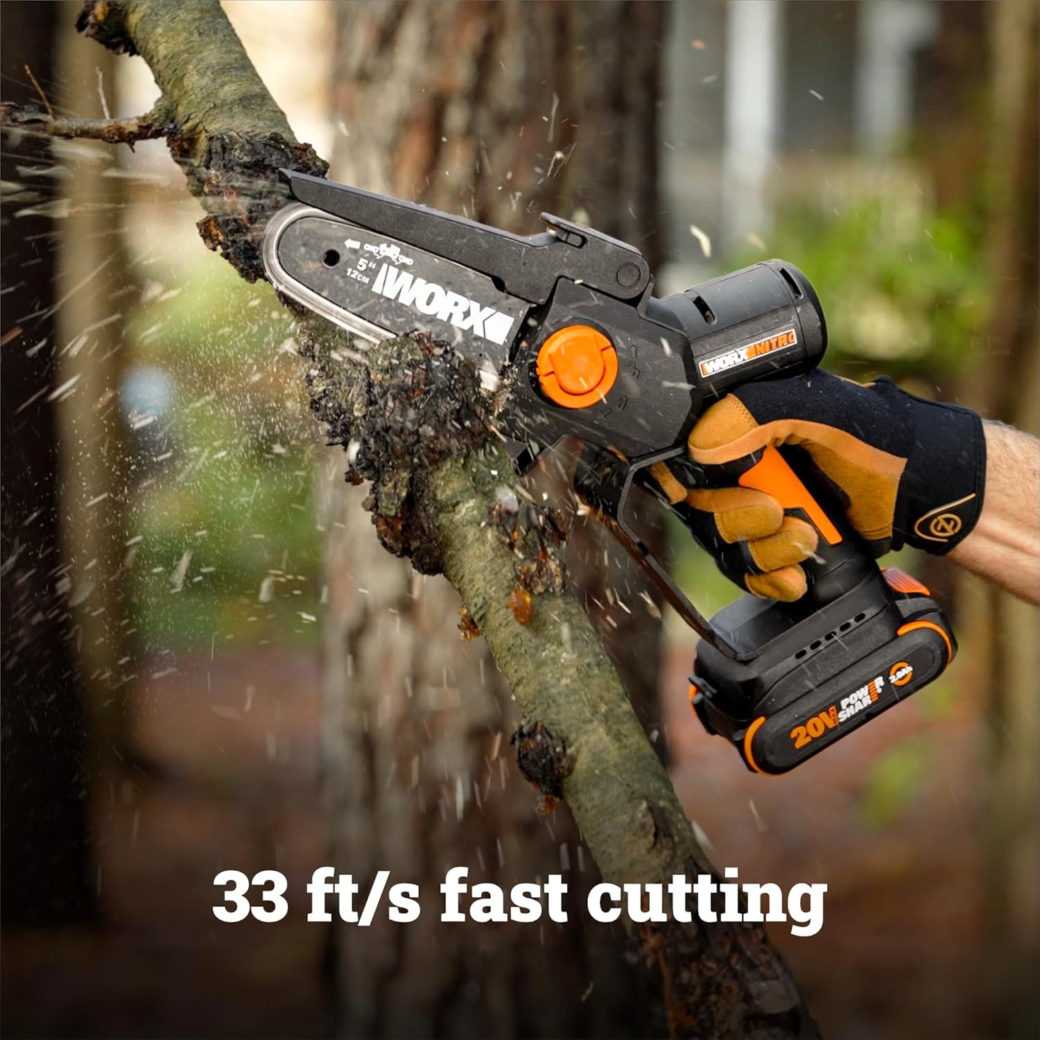 Worx 20V Cordless 5' Pruning Saw, Brushless Mini Chainsaw Cordless, Lightweight Electric Chainsaw 33 ft/s, Handheld Battery Chainsaw w/Tool-Less Chain Replacement Power Share WG325.9 – Tool Only